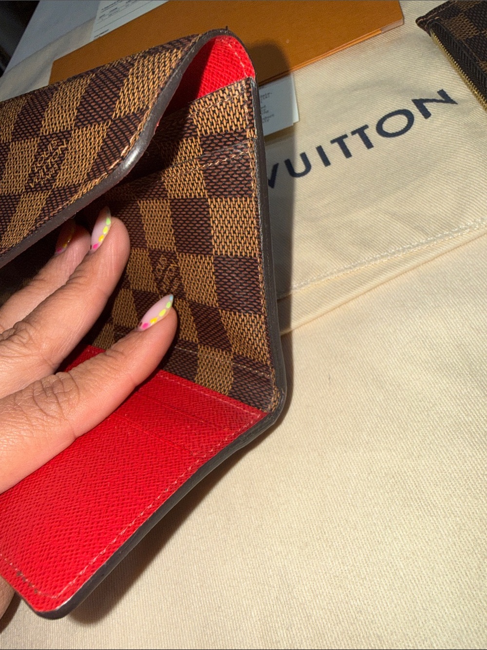 Louis Vuitton Brown Damier Ebene Checkered Wallet with Red Snap - Picture 5 of 11
